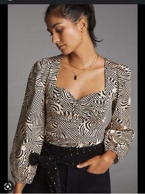 Farm Rio Anthropologie NWOT puff sleeve sweetheart blouse Large